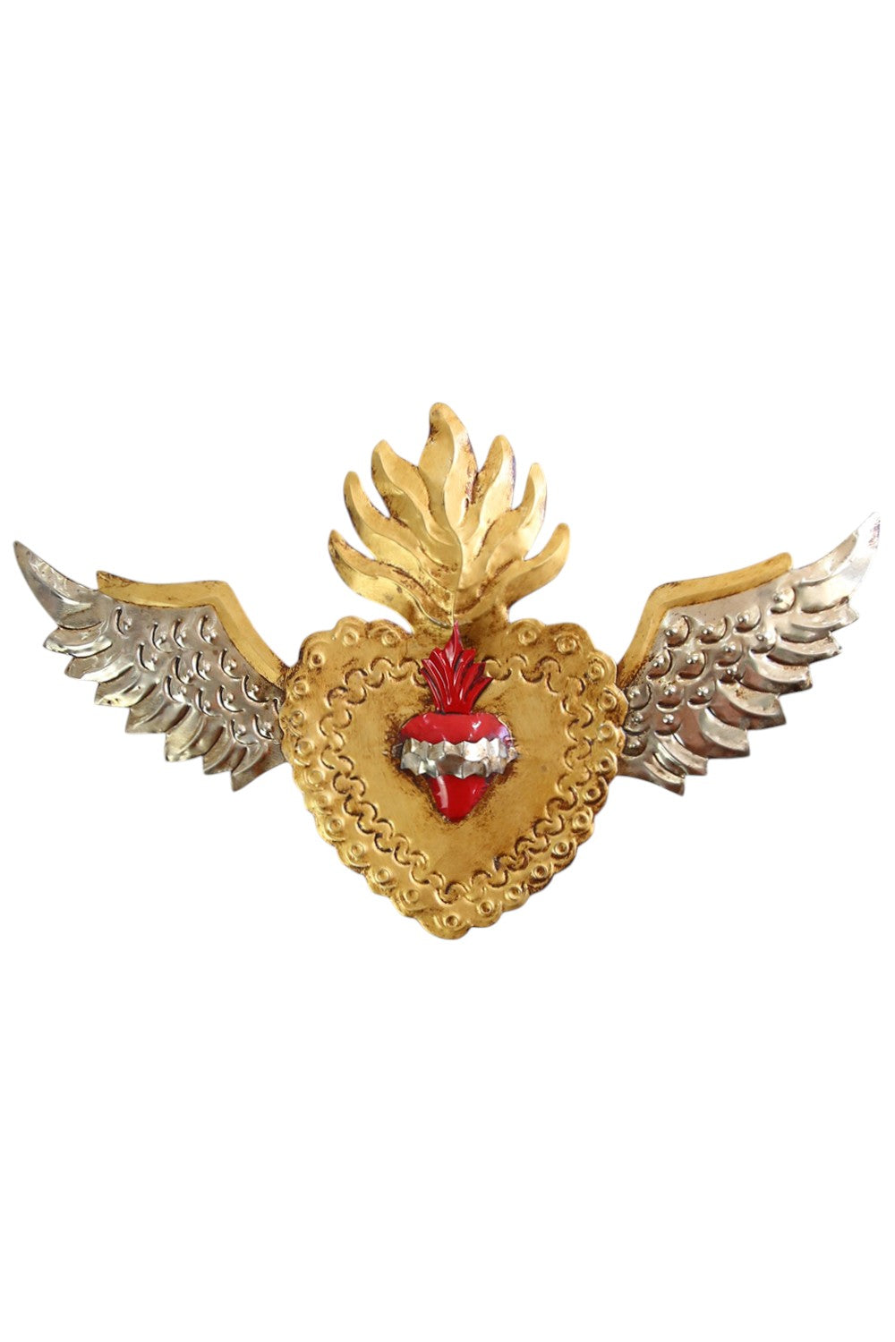 MEXICAN FOLK ART HEART W WINGS AND HEART GOLD