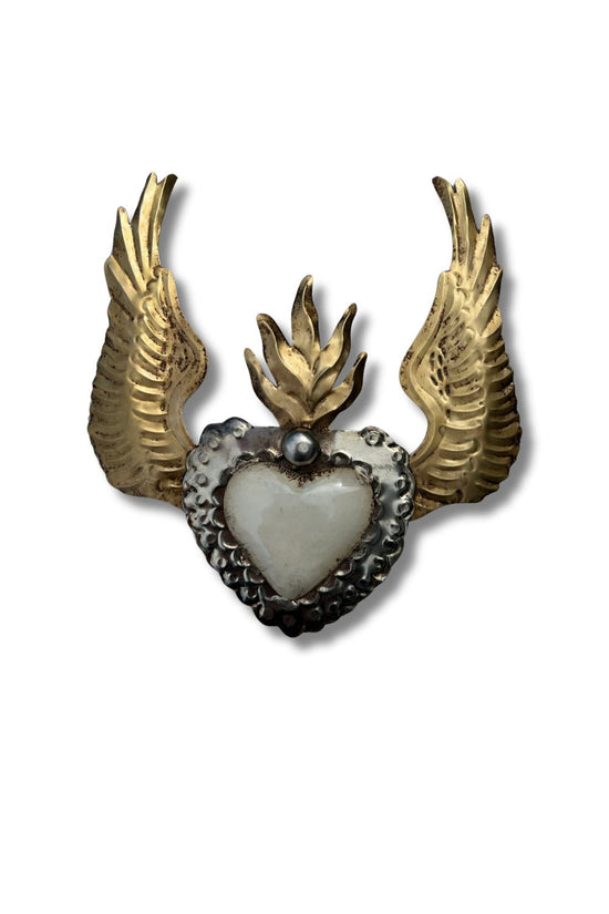 MEXICAN TIN HEART WITH WINGS WHITE