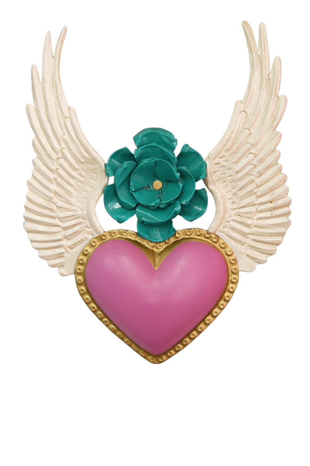 MEXICAN FOLK ART PINK HEART WITH FLOWER AND WINGS