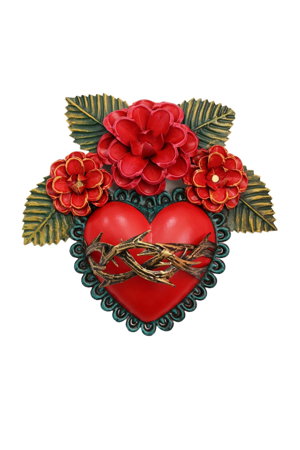 MEXICAN FOLK ART TIN HEART WITH FLOWERS AND THORNS