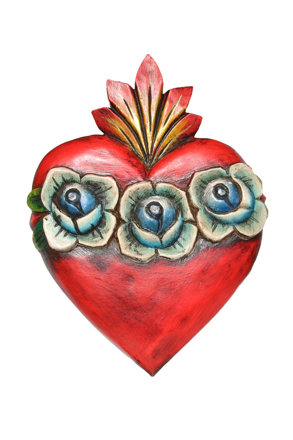 Mexican Folk Art Wooden Red Heart W/ Roses