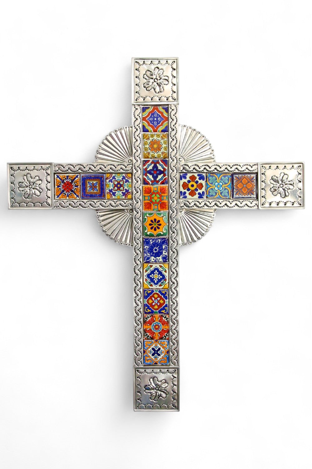 MEXICAN LARGE TIN CROSS WITH ASSORTED TILES LARGE