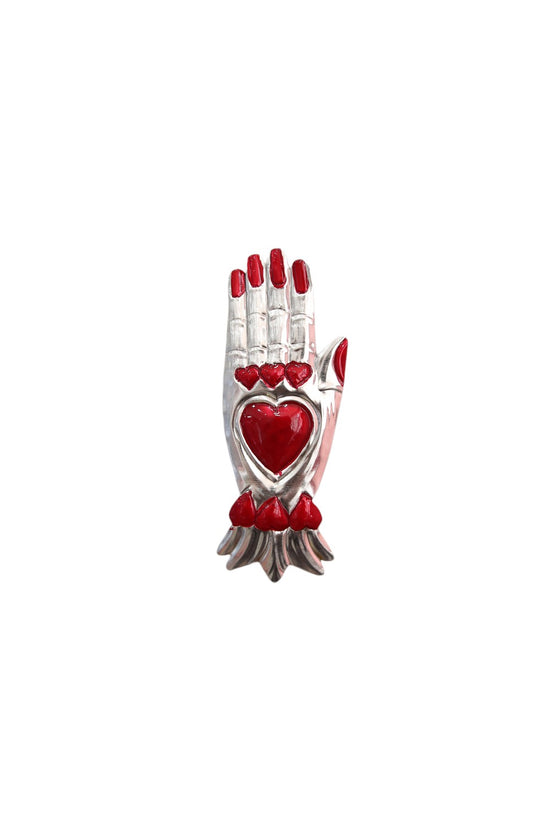 MEXICAN TIN HAND WITH HEART SILVER