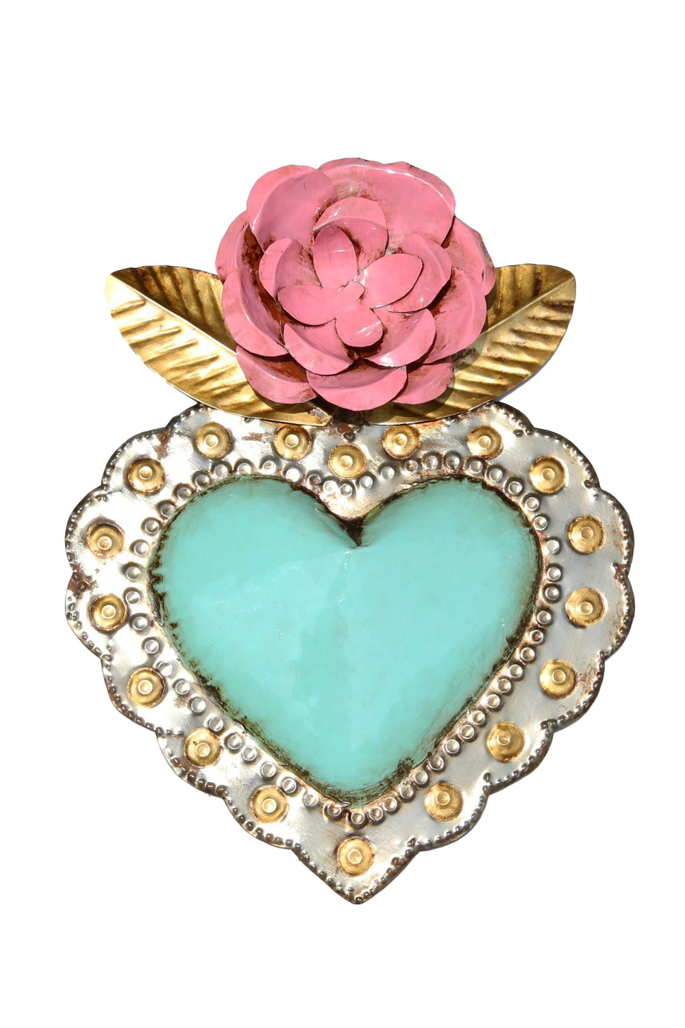 Mexican Folk Art Turquoise Heart W/ Rose