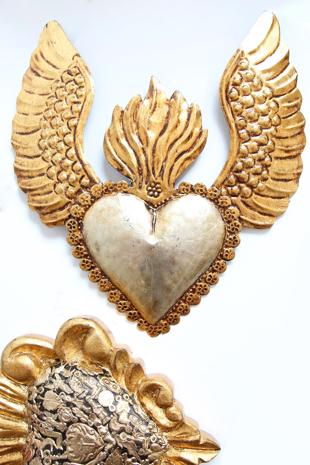 Mexican Folk Art Tin Antique Gold Silver Heart W/Wings