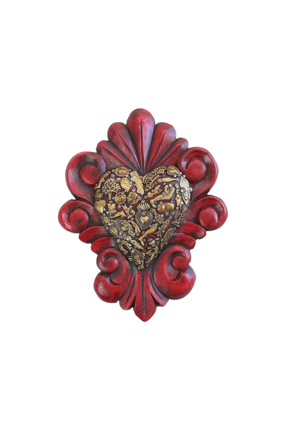 MEXICAN FOLK ART WOODEN HEART W/MILAGROS CARVING