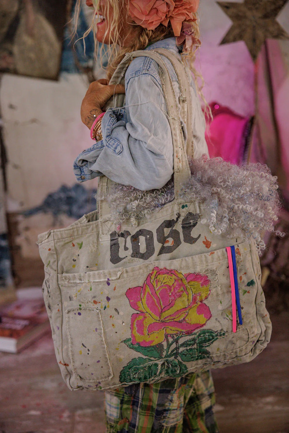 **Pre-Order** Magnolia Pearl Hand Painted Rose Tote Bag 096 Ash
