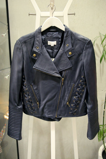 Once Was Navy Leather Biker Jacket