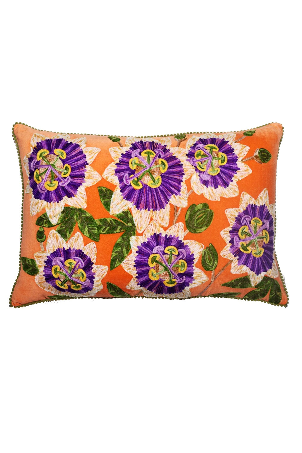 RUBY STAR TRADERS LUMBAR CUSHION PASSIONFRUIT FLOWER ORANGE MULTI EMBROIDERED VELVET