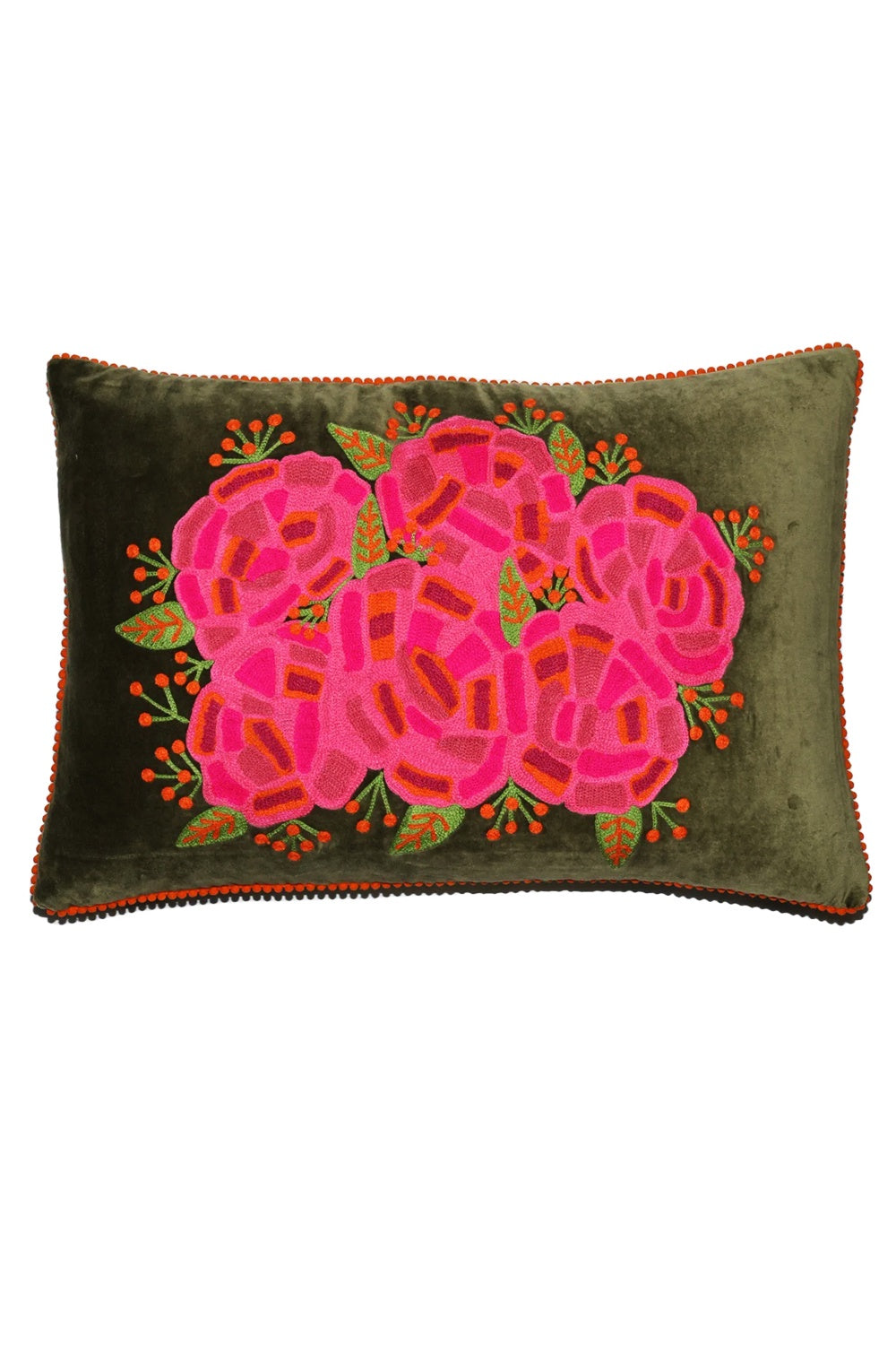 RUBY STAR TRADERS LUMBAR CUSHION RANANCULUS GREEN MULTI EMBROIDERED VELVET