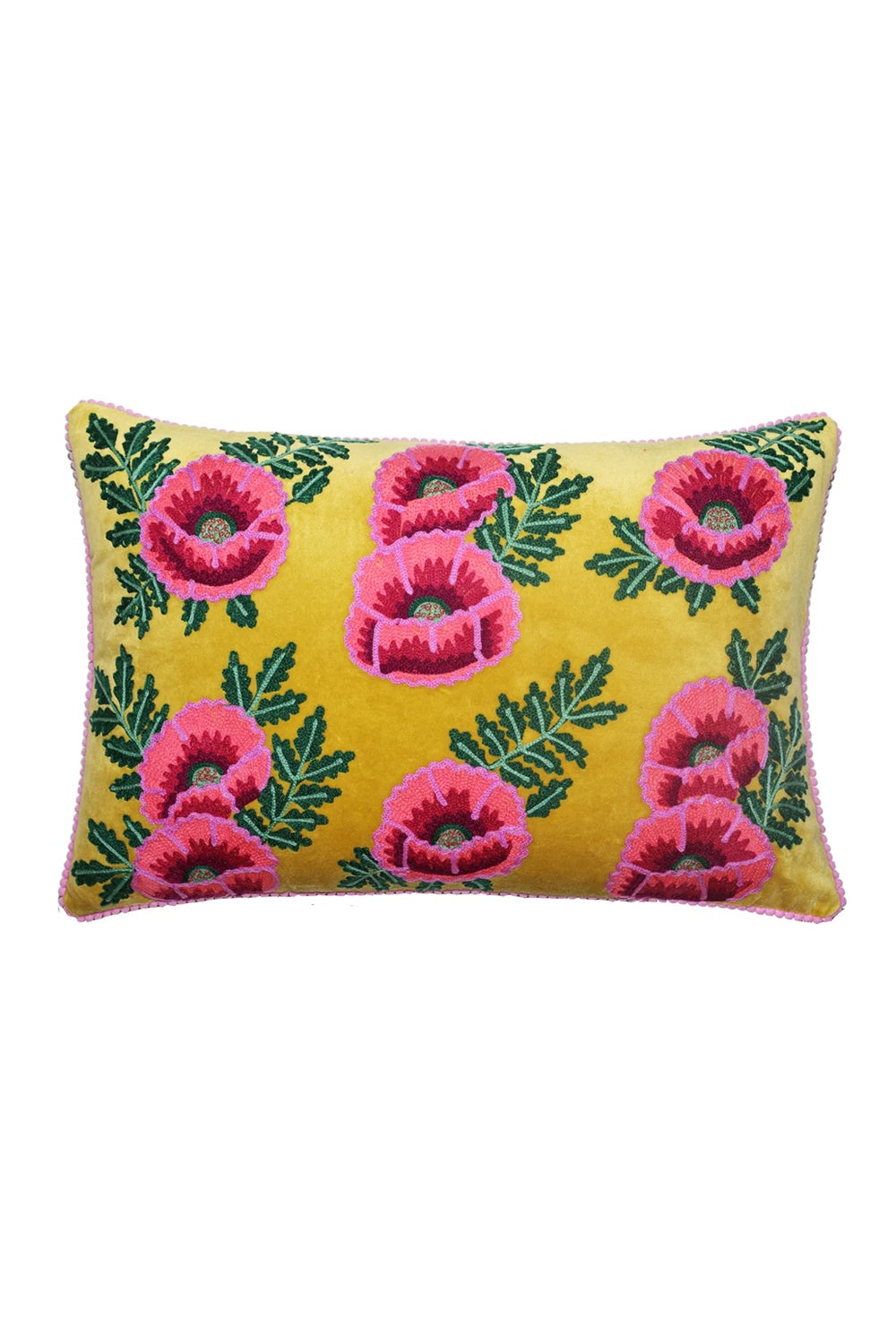 RUBY STAR TRADERS LUMBAR CUSHION CAMELLIA YELLOW MULTI EMBROIDERED VELVET