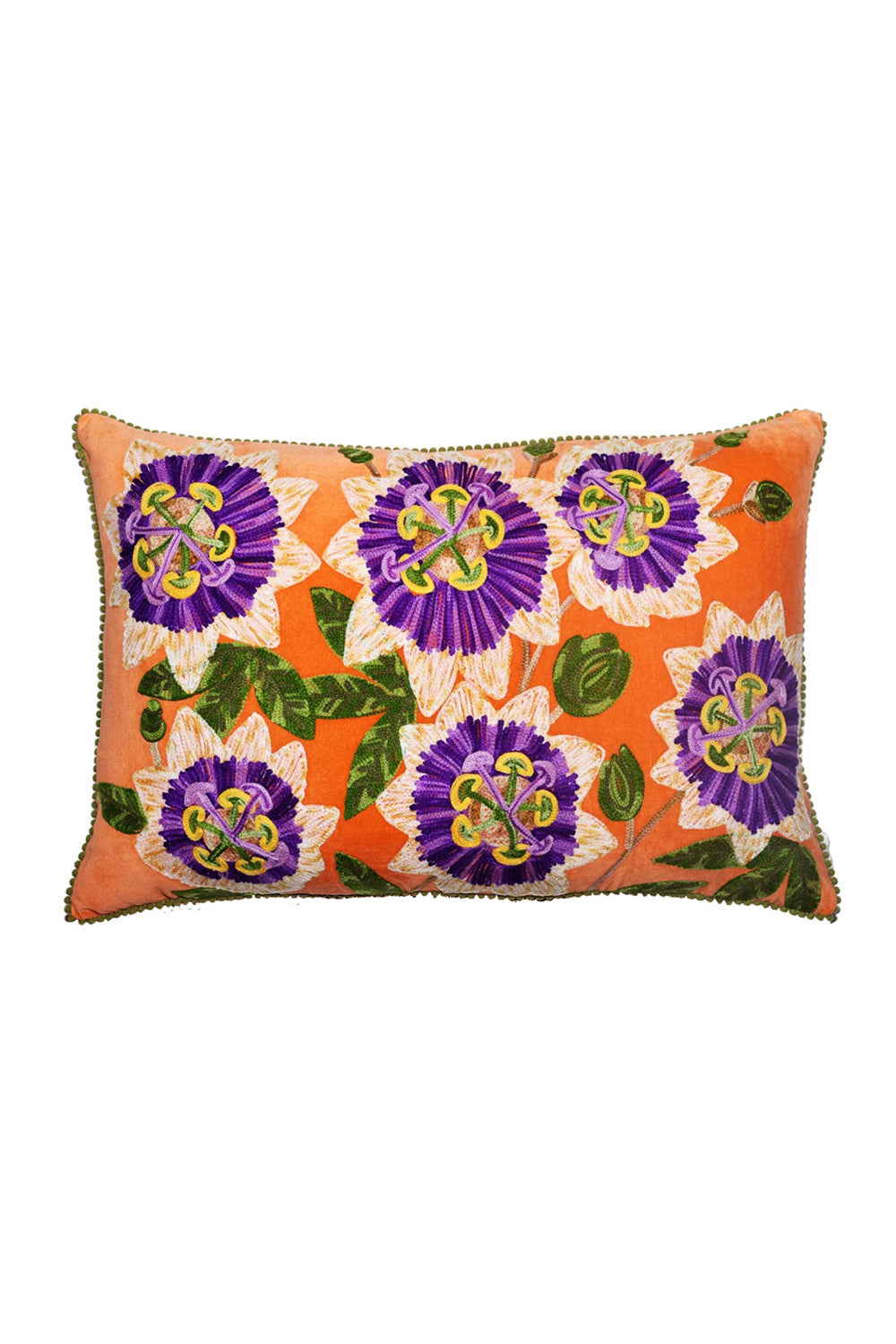 LUMBAR CUSHION PASSIONFRUIT FLOWER ORANGE MULTI EMBROIDERED VELVET