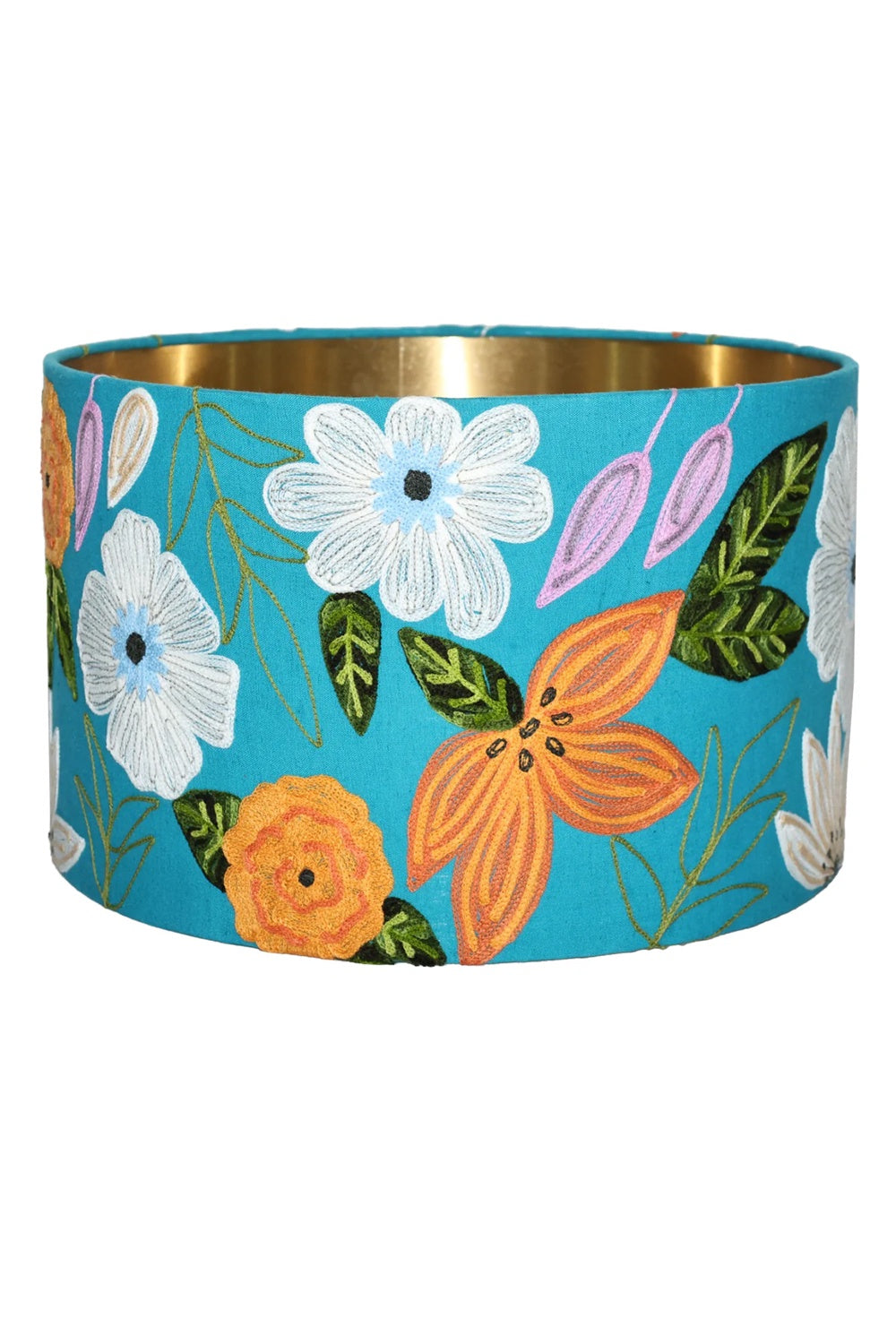 RUBY STAR TRADERS DRUM SHADE DAISY FLOWER COLBALT MULTI COLOUR EMBROIDERED VELVET