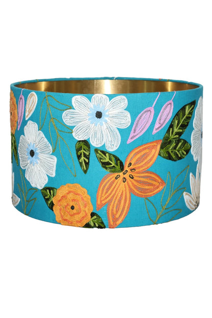 DRUM SHADE DAISY FLOWER COLBALT MULTI COLOUR EMBROIDERED VELVET