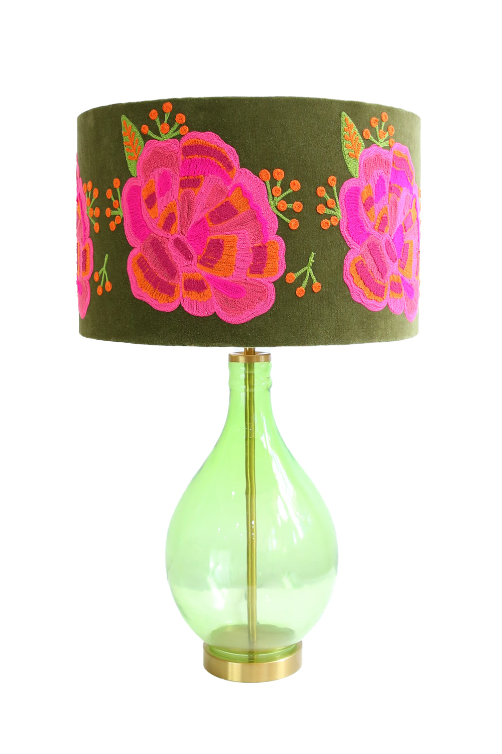 DRUM SHADE RANANCULUS GREEN MULTI COLOUR EMBROIDERED VELVET