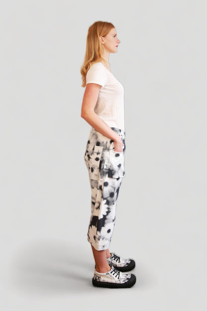 RUNDHOLZ DIP WHITE DROP CROTCH PANT WITH BLACK &amp; GREY DOT IMPRINT