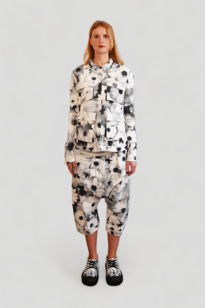 RUNDHOLZ DIP WHITE DROP CROTCH PANT WITH BLACK &amp; GREY DOT IMPRINT