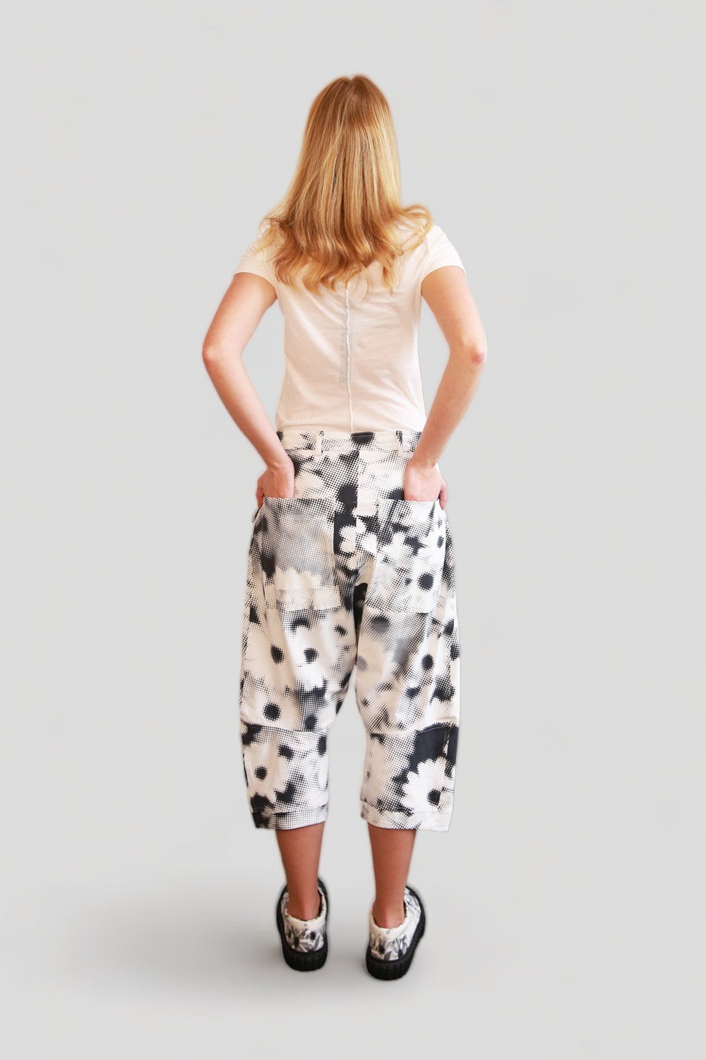 RUNDHOLZ DIP WHITE DROP CROTCH PANT WITH BLACK &amp; GREY DOT IMPRINT