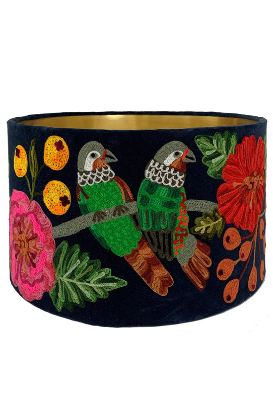 RUBY STAR TRADERS DRUM LAMPSHADE PARROTS MIDNIGHT BLUE VELVET