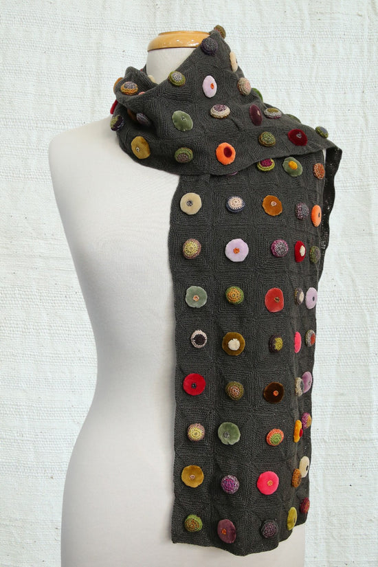 SOPHIE DIGARD BISCUIT VELOURS CROCHET WOOL SCARF CHARCOAL