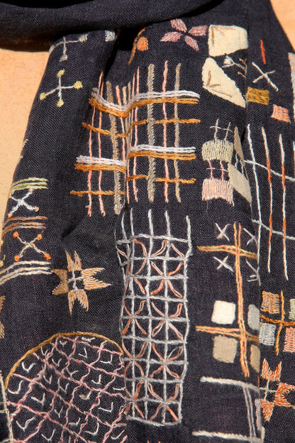 SOPHIE DIGARD PATCH SLATE LINEN SCARF