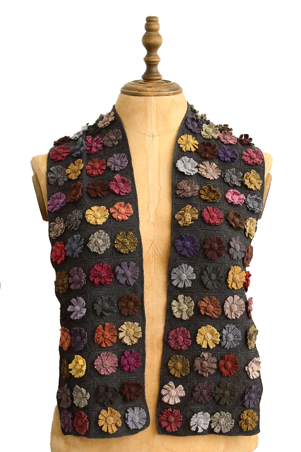 SOPHIE DIGARD MEDIUM CROCHET SCARF CHARCOAL WITH FLOWERS