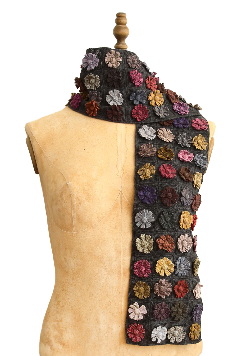 SOPHIE DIGARD MEDIUM CROCHET SCARF CHARCOAL WITH FLOWERS