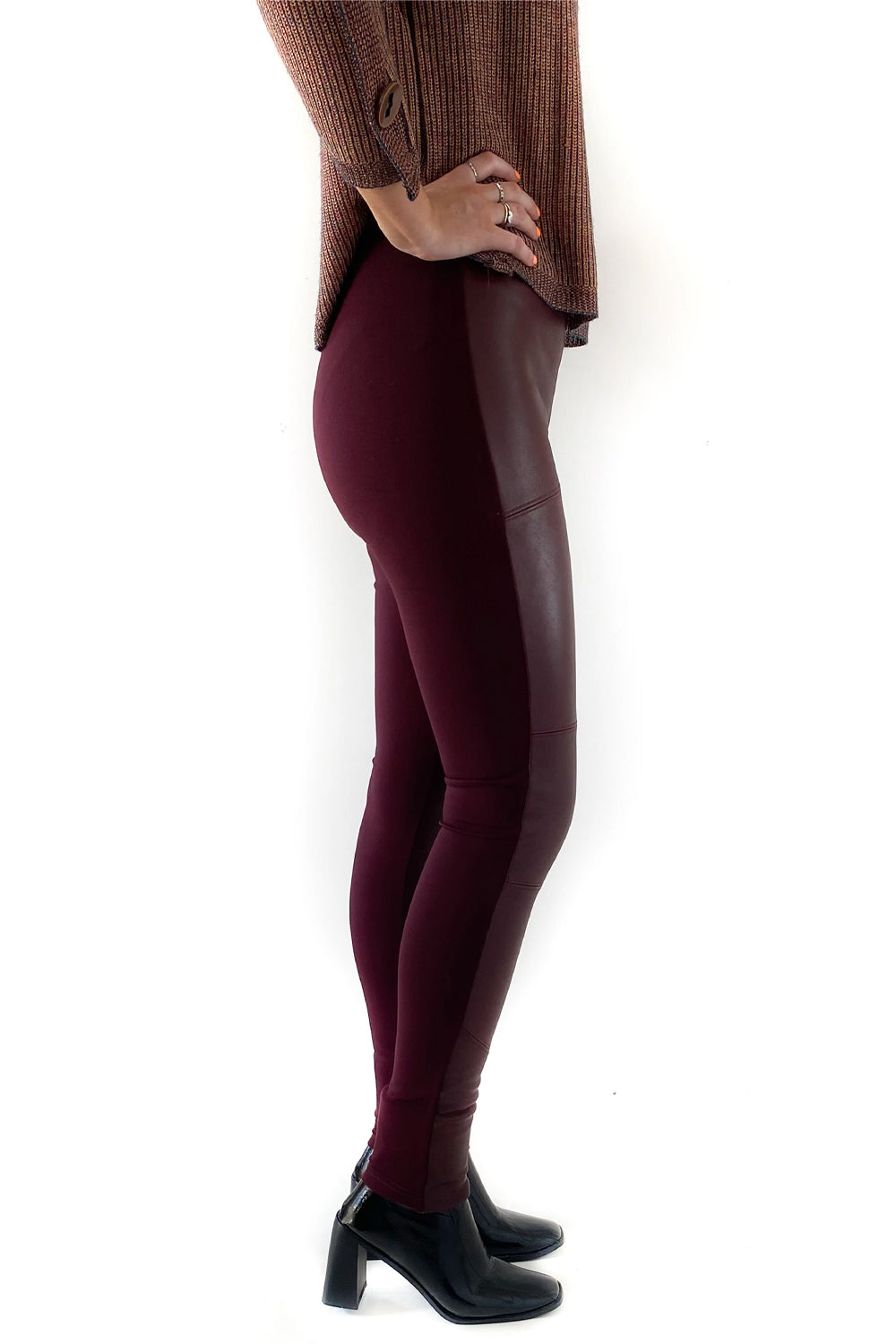 SABATINI LEATHER FRONT PANELLED PONTI PANT BERRY