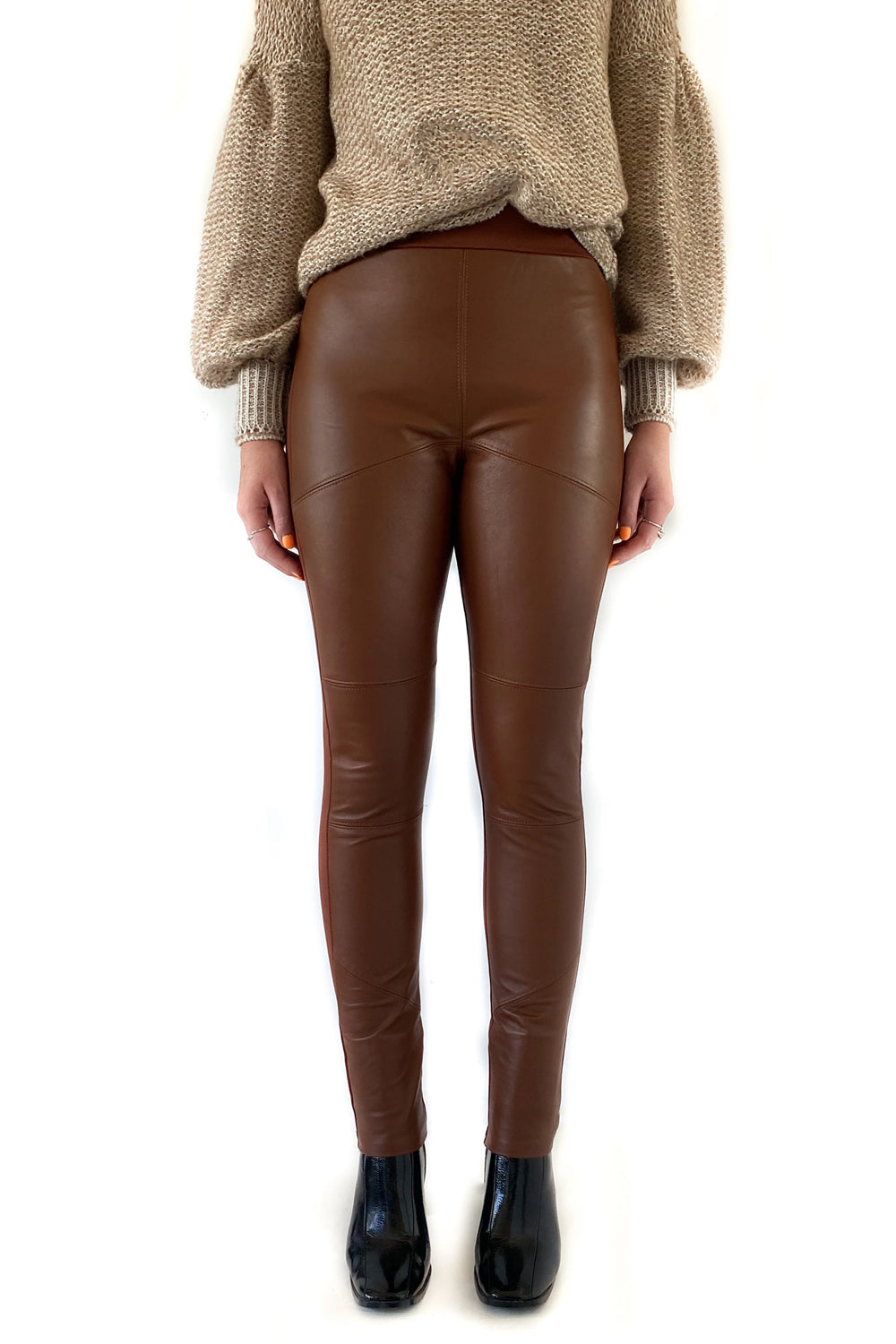 SABATINI LEATHER FRONT PANELLED PONTI PANT CHESTNUT