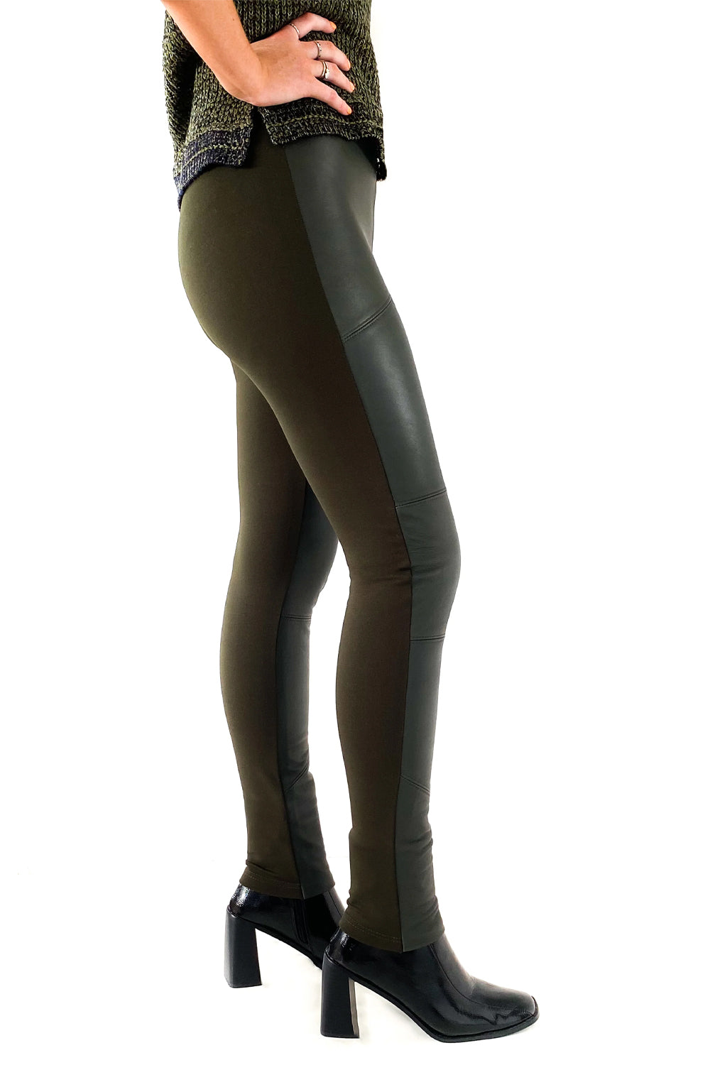 SABATINI LEATHER FRONT PANELLED PONTI PANT OLIVE