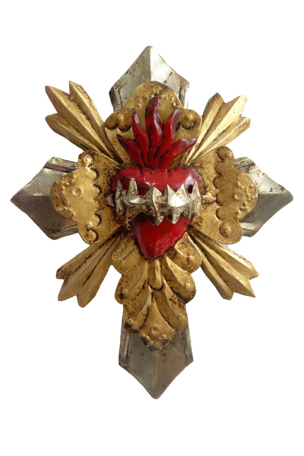 MEXICAN TIN GOLDEN HEART CENTRE CROSS