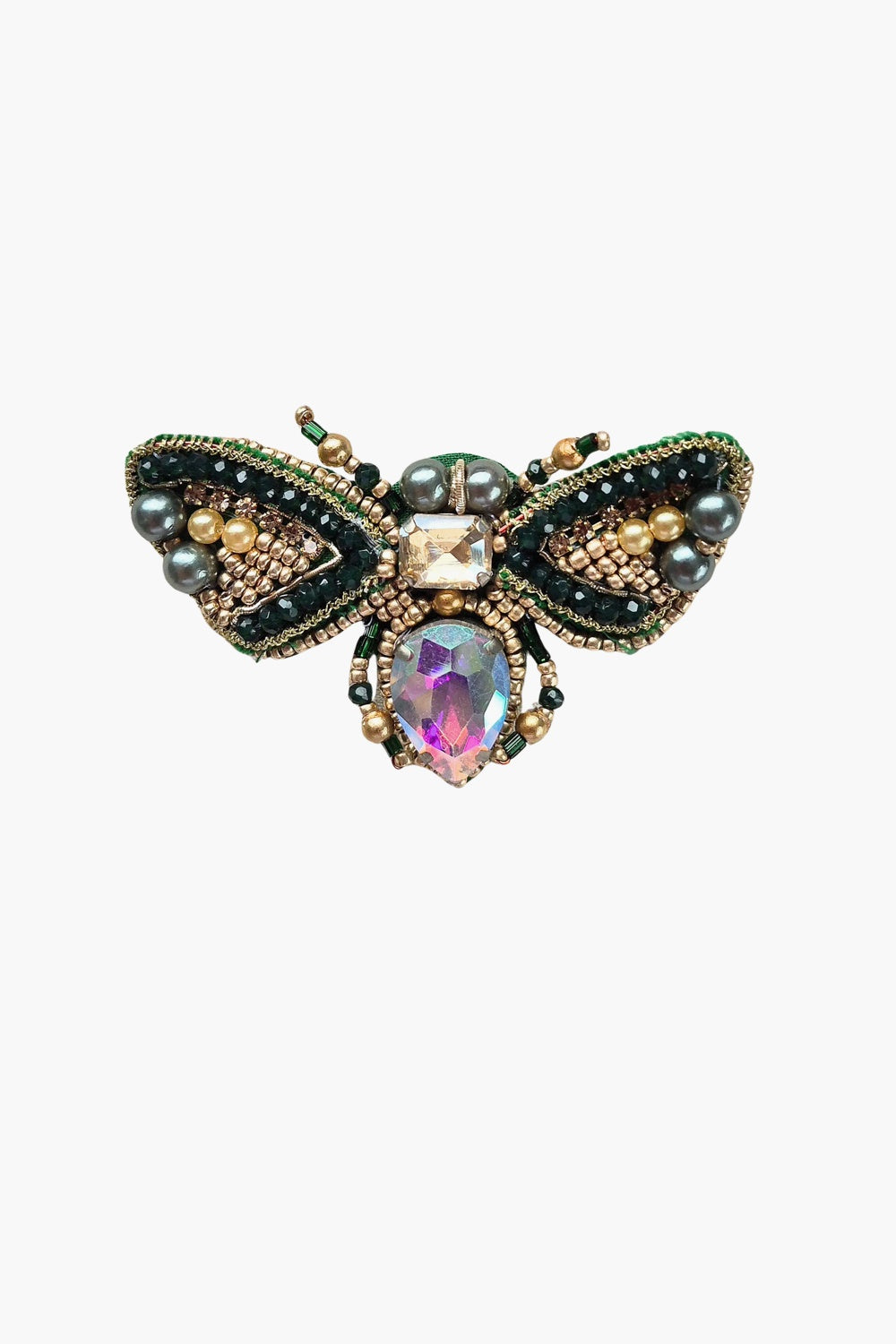 BEADED BROOCH GREEN &amp; GOLD  FLY