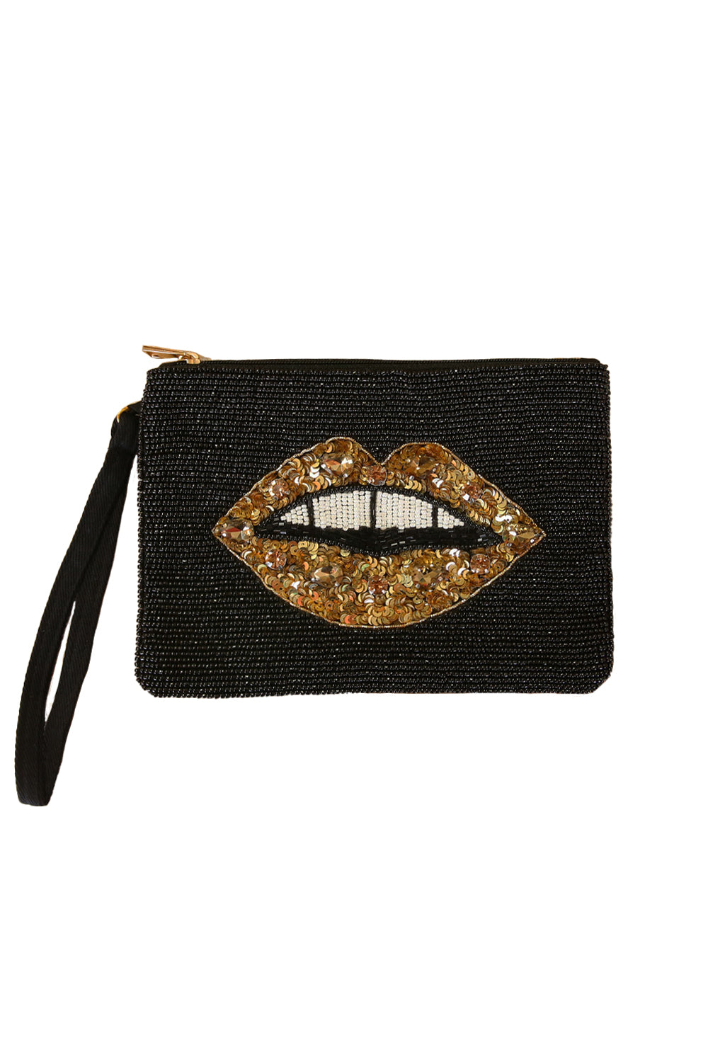 BLACK BEADED CLUTCH GOLD LIPS