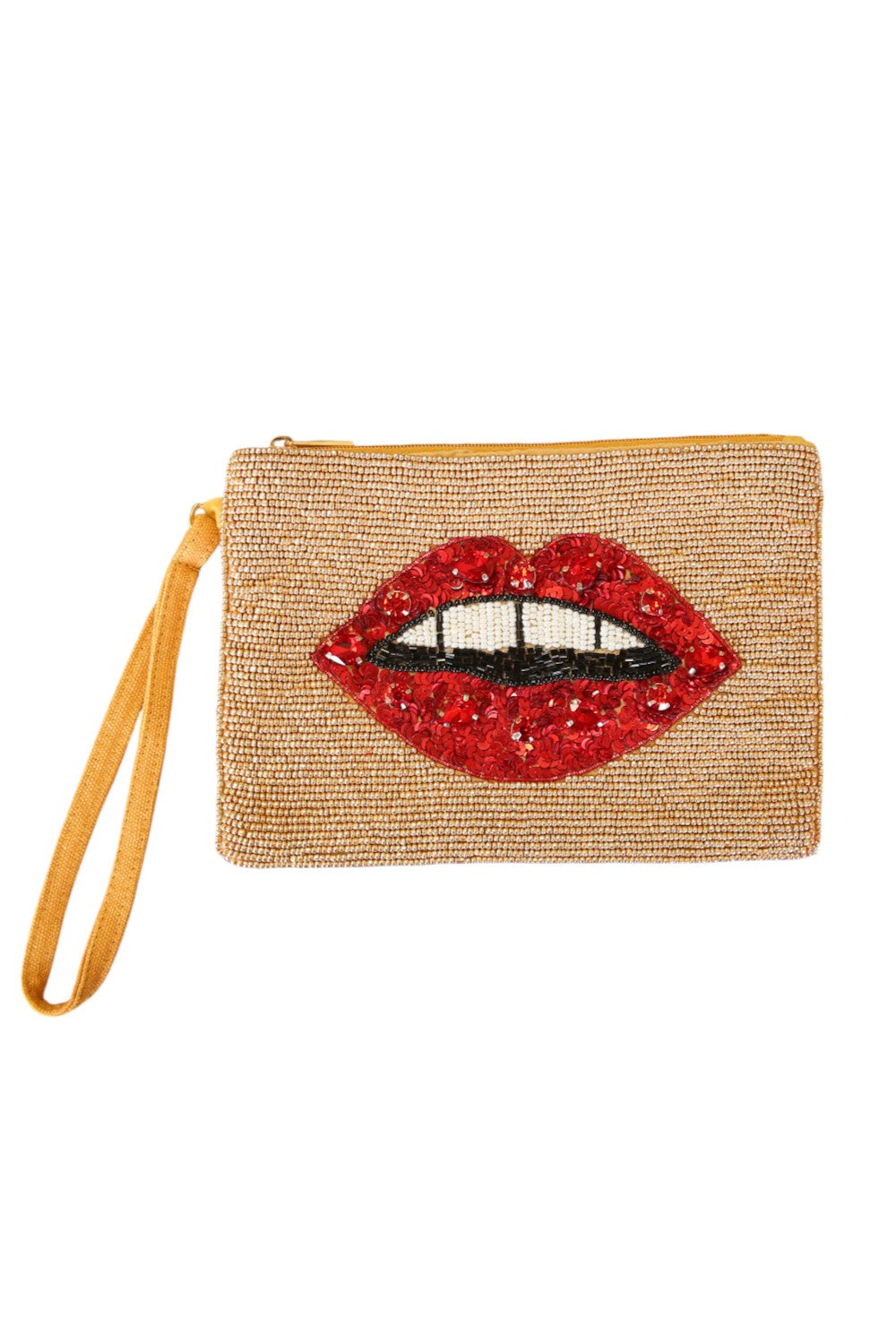 GOLD BEADED CLUTCH RED LIPS