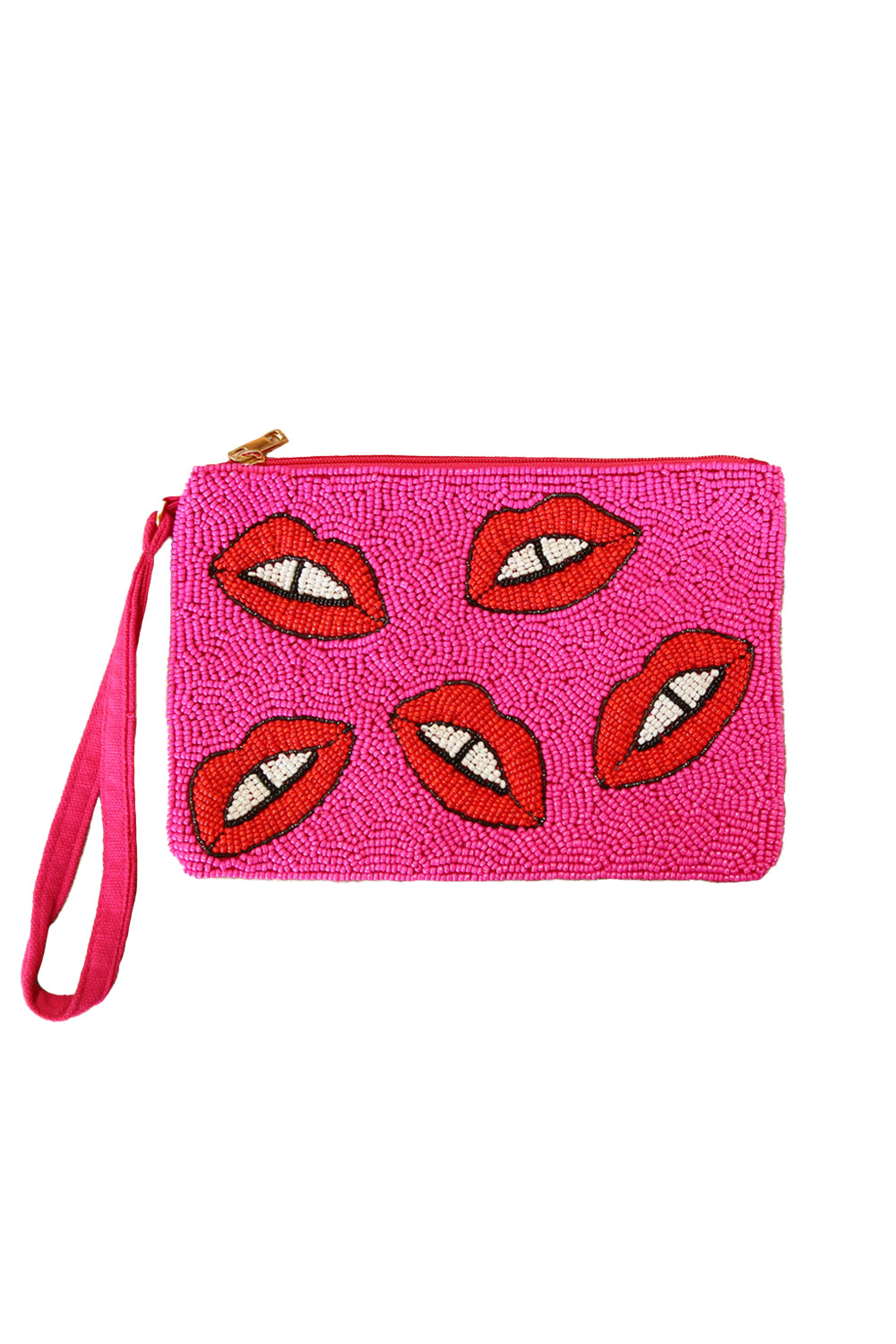 PINK BEADED CLUTCH RED LIPS