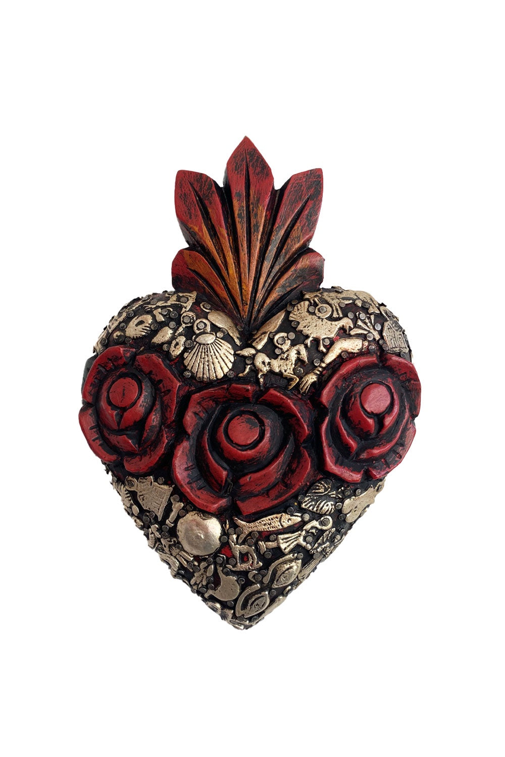 MEXICAN WOODEN HEART WITH CARVED ROSES &amp; MILAGROS