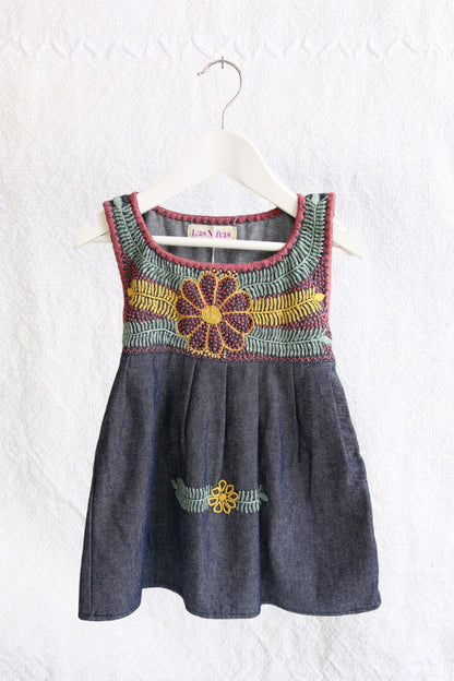 LAS NIÑAS KIDS MEXICAN EMBROIDERED DENIM MUSTARD DRESS