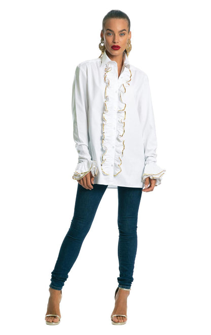 BONITA THE WHITE SEQUINNED RUFFLE SHIRT