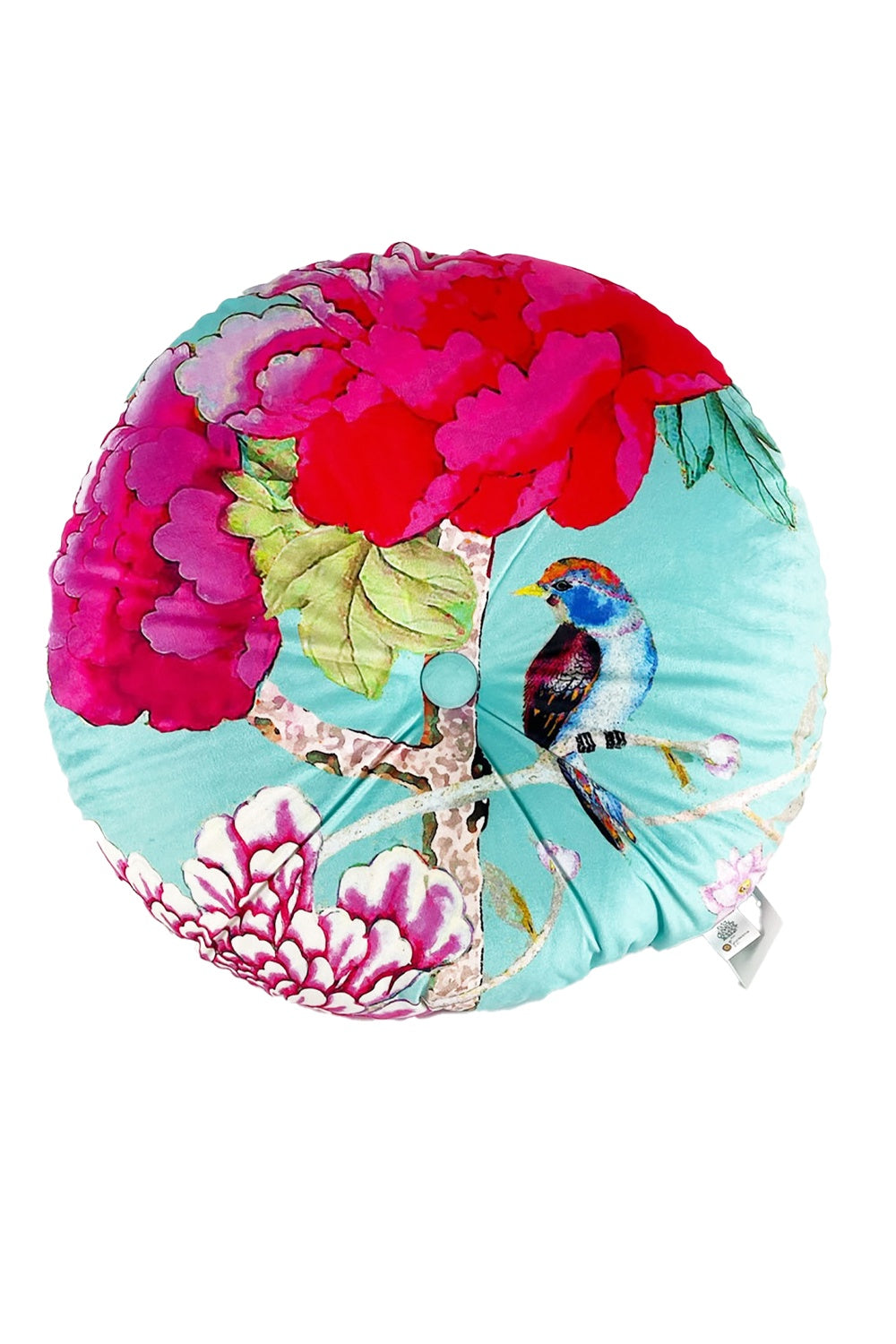 ANNA CHANDLER VELVET ROUND CUSHION TURQUOISE BIRDS Moore Design