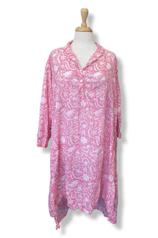 INESE VINTAGE PINK FLORAL BUTTON SHIRT DRESS