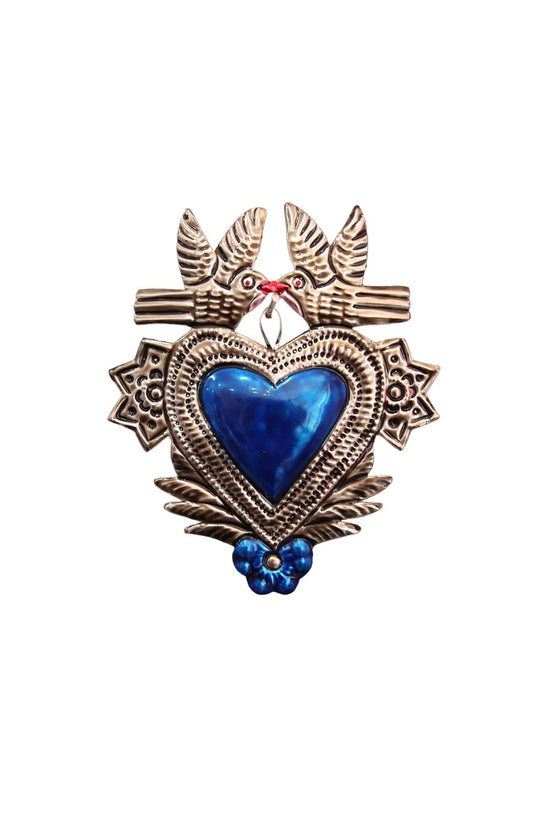 MEXICAN BLUE TIN HEART W/ DOVES