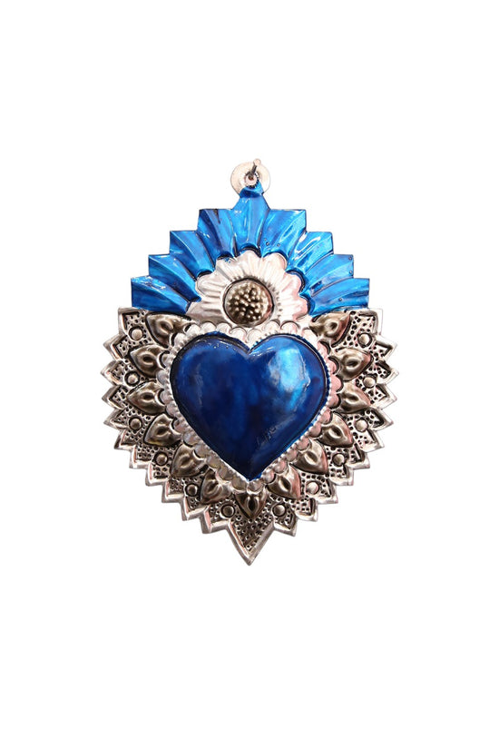 MEXICAN BLUE TIN HEART W/ SILVER RAYS