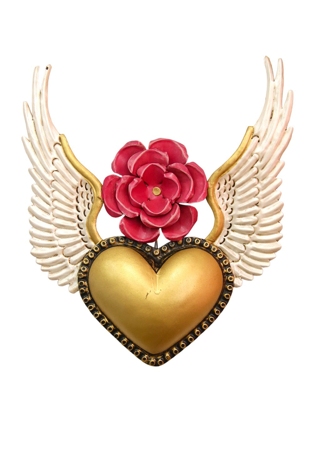 MEXICAN FOLK ART GOLDEN HEART WITH PINK FLOWER AND WINGS