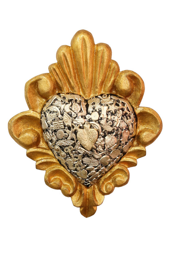 MEXICAN WOODEN MILAGRO HEART (GOLD BORDER)