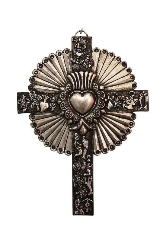 MEXICAN TIN CROSS WITH SUNRAY AND MILAGROS