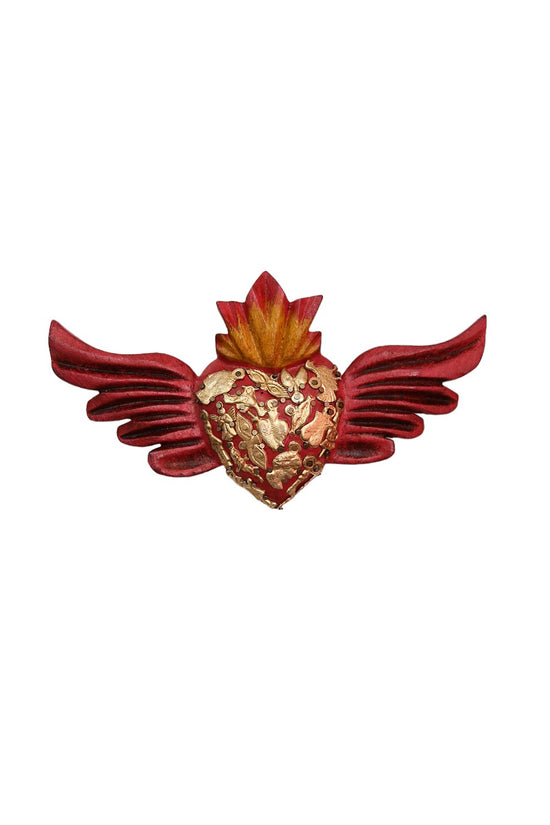 MEXICAN PINK WOODEN HEART W/ WINGS AND MILAGROS