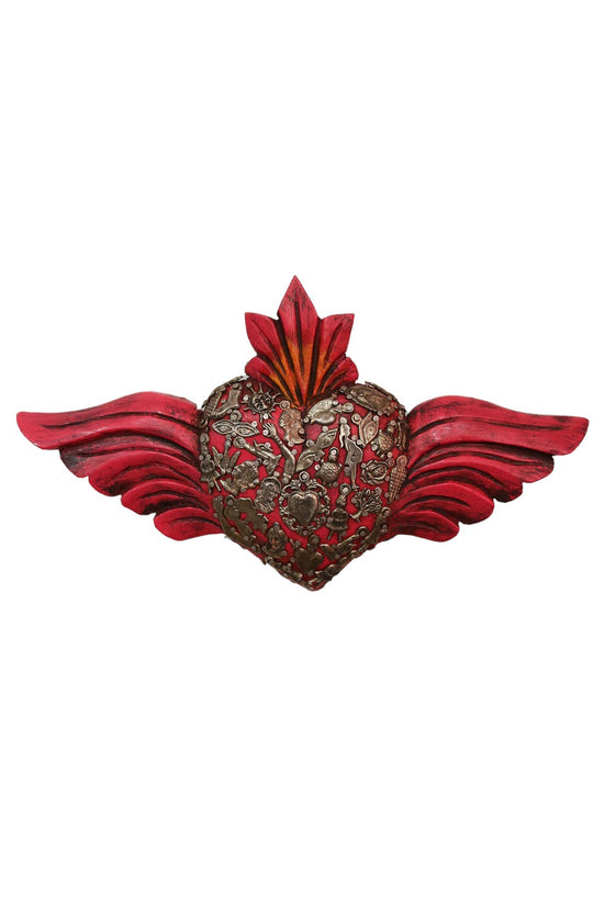 MEXICAN LARGE PINK WOODEN HEART W/ WINGS AND MILAGROS