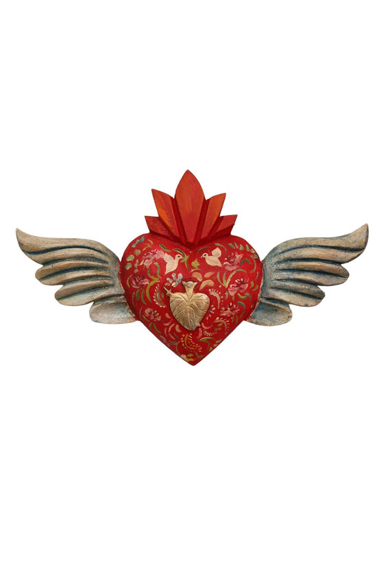 MEXICAN WOODEN HEART W/ WINGS AND MILAGROS /FOLK ART