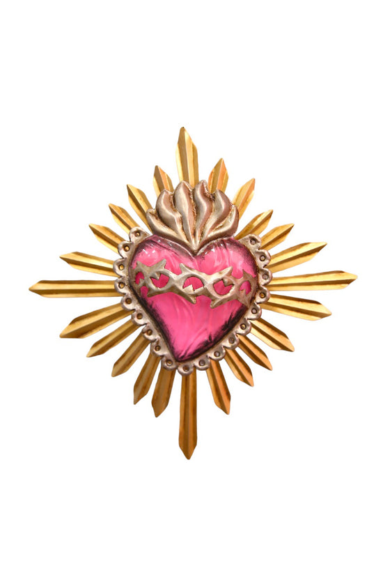 MEXICAN FOLK ART PINK TIN HEART WITH GOLDEN RAYS