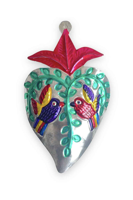 MEXICAN SILVER HEART WALL HANGING BIRD/FLORAL